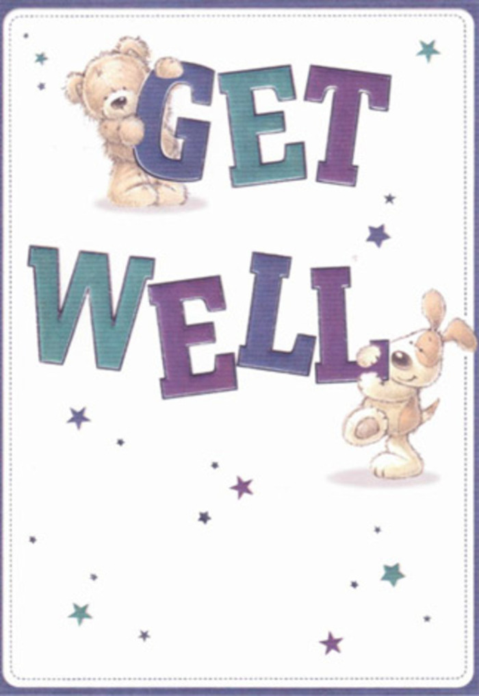 This card embodies gentle encouragement, its mood echoing the welcoming community spirit of West Kensington. Two friendly figures-the bear and puppy-share the central stage, joyfully framed by a constellation of swirling stars that seem to send good wishes into the air, much like the uplifting feeling one gets walking through Marcus Garvey Park on a sunny day. Bold, confident typography spells out 'Get Well' in shades of purple and aqua that catch the eye, grounding the design in a message of cheer and resilience. The bear's fur appears plush and soft, while the puppy's floppy ears and nose beckon with their velvety, lifelike detail-details that invite a smile and emotional connection, as a freshly delivered arrangement from a local West Kensington florist would. The entire scene is awash in a light, airy palette, the pristine background highlighting every joyful flourish. This card, like a decadent hand-tied bouquet from West Kensington Flowers, offers a comforting embrace-a burst of optimism and support, ready to lift the spirits of anyone needing a gentle touch during recovery.