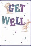 The cheerful design of this get well card radiates playful warmth, capturing two adorable characters-a teddy bear with a welcoming expression and a puppy bubbling with joy-delighting in the task of conveying healing wishes. Together, they balance brightly colored 'Get Well' lettering, rendered in indigo and teal shades that stand out confidently against a smooth, creamy background-a look as fresh as the bouquets gracing West Kensington's cozy living rooms. Scattered, shimmering stars of purple and blue add a whimsical, magical touch, reminiscent of cheerful evenings near Olympia or bustling moments at the farmers' market. Each curl of illustrated fur appears soft and inviting, promising the gentle comfort and reassurance a friend or family member might need. This card feels not just like a greeting but a heartfelt embrace-perfect to accompany a bouquet delivered around West Kensington, bringing a touch of kindness, recovery, and hope to those who open it.